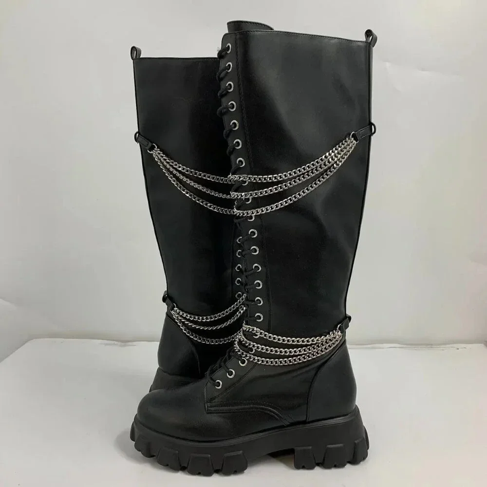 Hot Topic Women’s Black Chains Platform Side Zip Knee-High Boots Size 10 NWOB - Picture 5 of 16